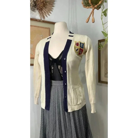 Ralph Lauren Rugby Vintage Sweater with Crest Patch, Cream 80s Preppy Cardigan - Picture 9 of 11